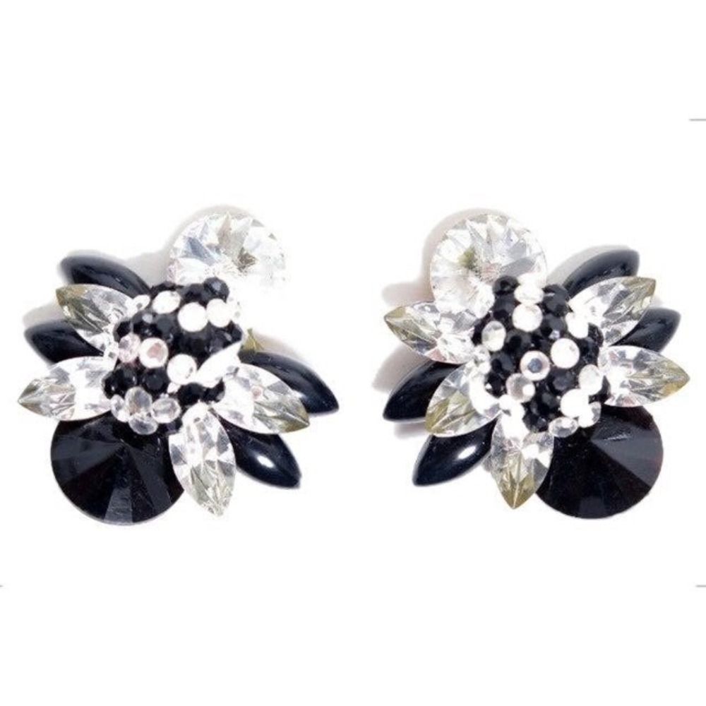 Vintage Large Black & Clear Rhinestone Clip-on Earrings